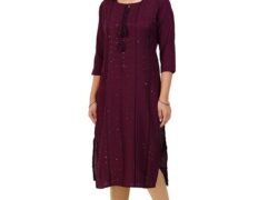 Women’s Georgette Chikankari Knee – Length, 3/4 Sleeve Embroidery Work and Wine Colour Kurti for Girls.