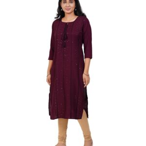 Women’s Georgette Chikankari Knee – Length, 3/4 Sleeve Embroidery Work and Wine Colour Kurti for Girls.