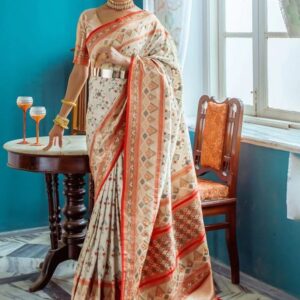 White Banarasi Silk Patola Saree With Fancy