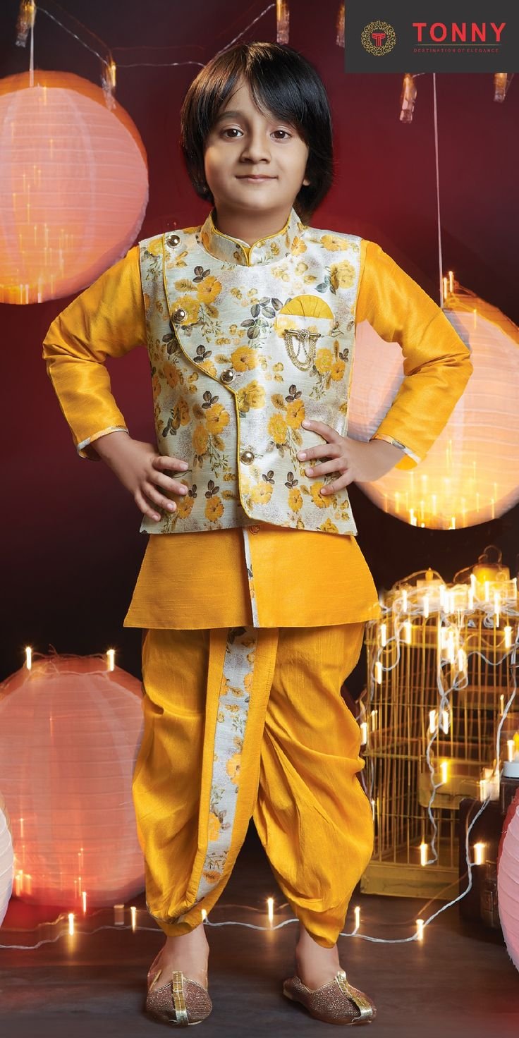 Kids Festival Collection of Yellow Kurta Dhoti with Half Selves Nehru Jacket