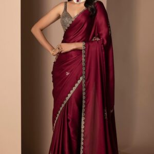 Maroon Silk Satin Embellished Saree