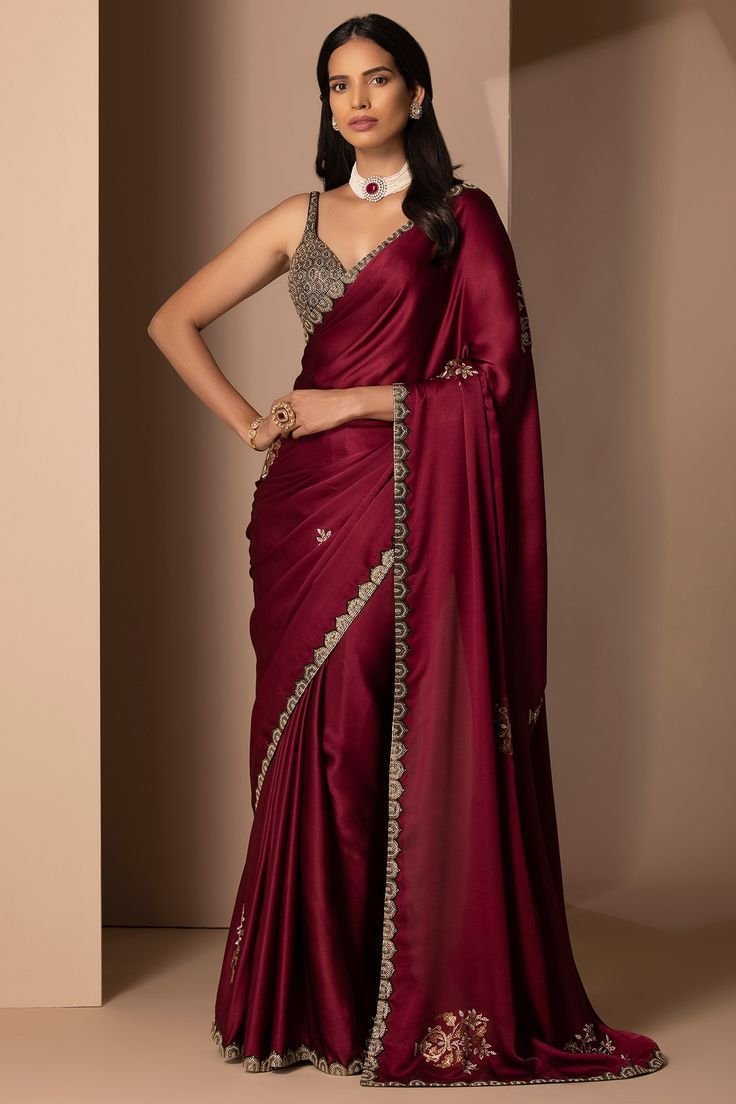 Maroon Silk Satin Embellished Saree
