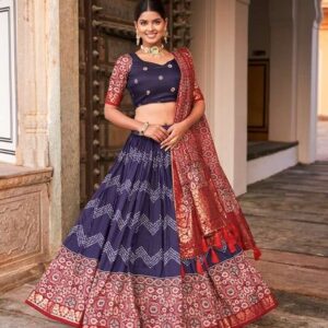 Navy Blue Ajarakh Printed Tusser Silk Lehenga Choli