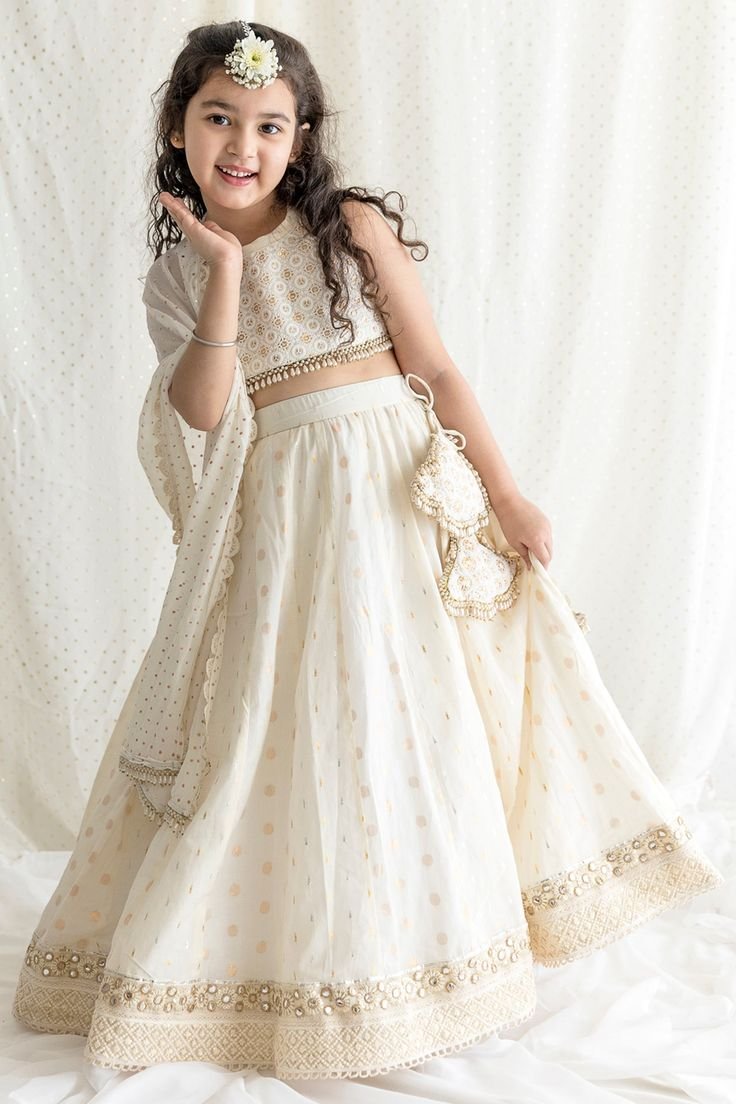 Ivory Embroidered Lehenga Set For Girls