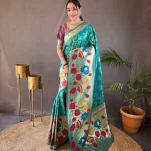 Teal Blue Pure Soft Paithani Silk Saree
