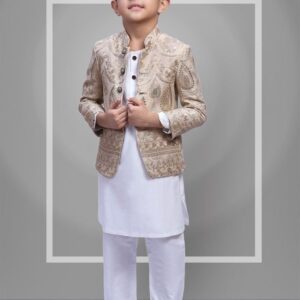 Kids White Kurta pajama with Dark Cream Color Nehru Jacket