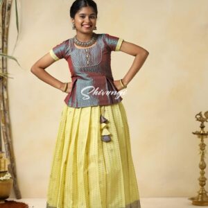 Girls Yellow Peacock Rain Pattu Pavadai Designs