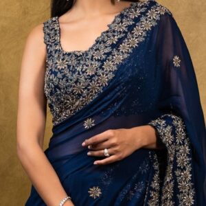 Midnight Blue Georgette Sari With Blouse - L