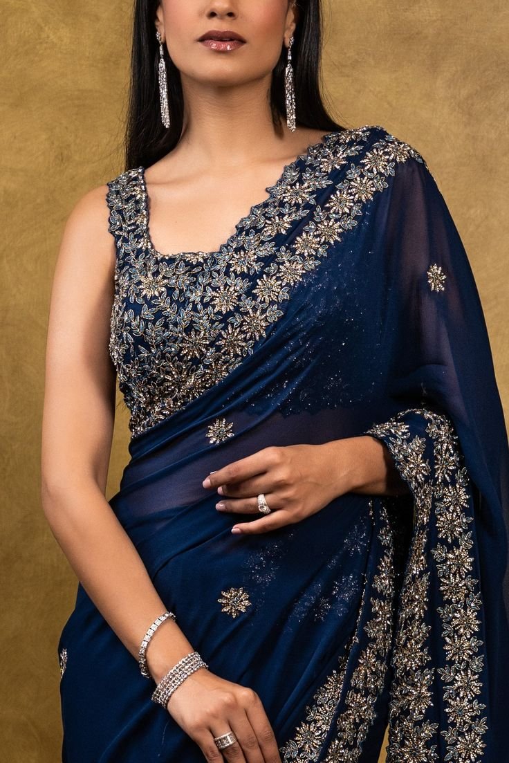 Midnight Blue Georgette Sari With Blouse - L