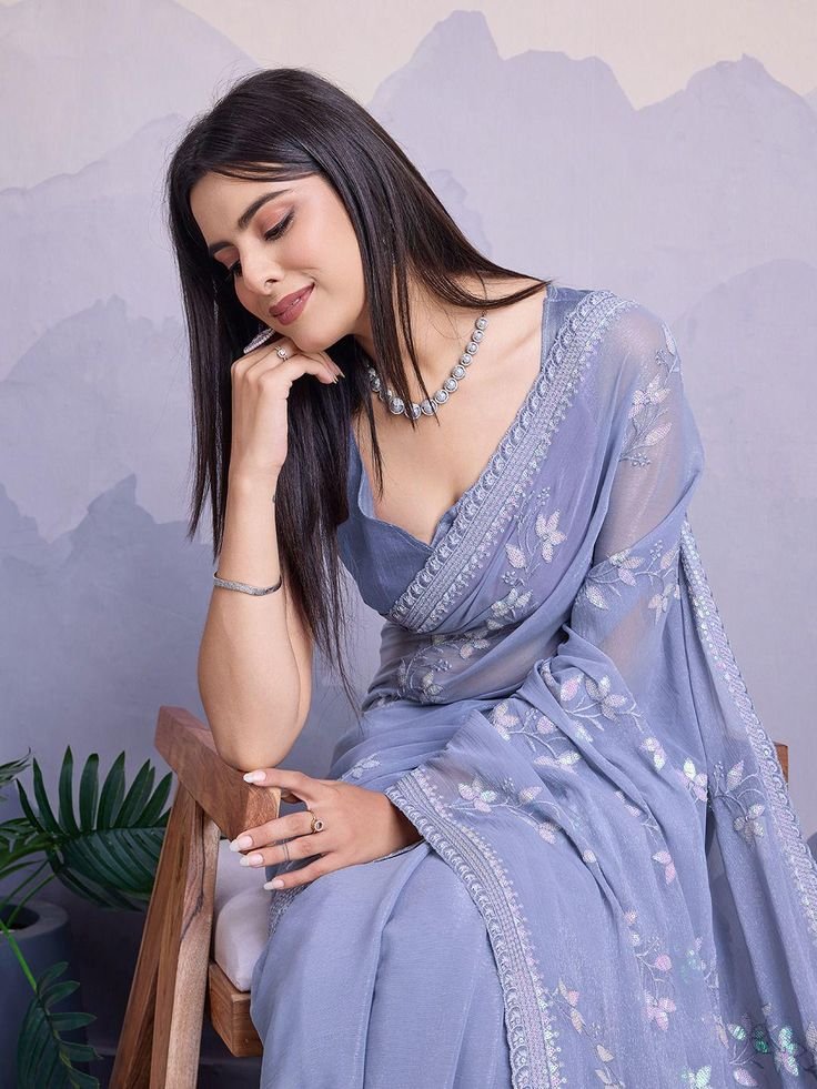 Simmer Chiffon Saree, Sequins Embroidery work Saree, trendy