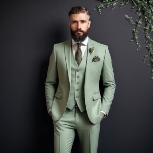 Sage Green Three Piece Slim Fit Suit For Men
