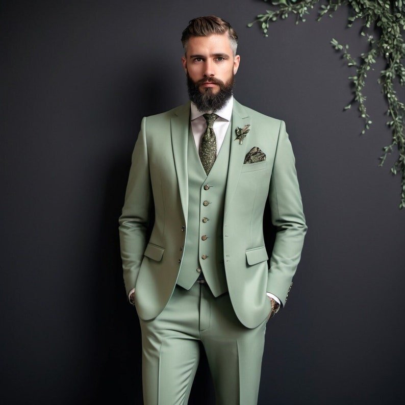Sage Green Three Piece Slim Fit Suit For Men